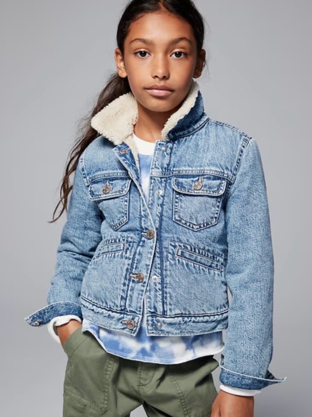 GAP Girls Light Blue Denim Jacket with Cream Sherpa Collar